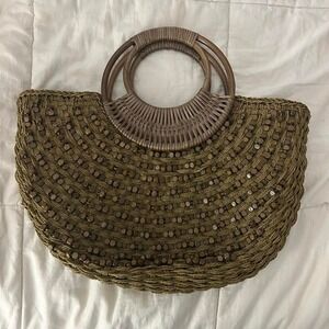 'Summer brown beaded straw bag/handbag beach bag with wooden handle